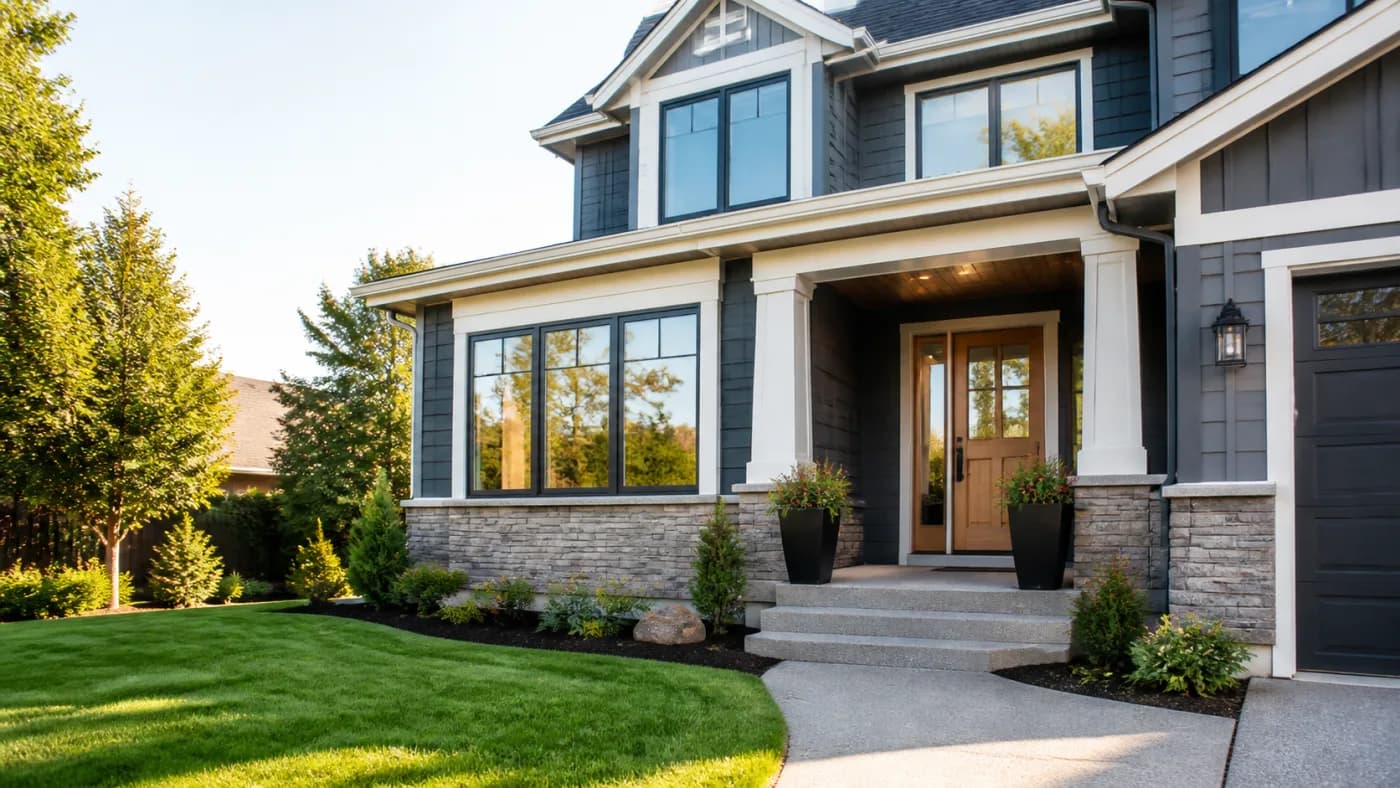 Modern home exterior with upgraded windows and a clean entryway