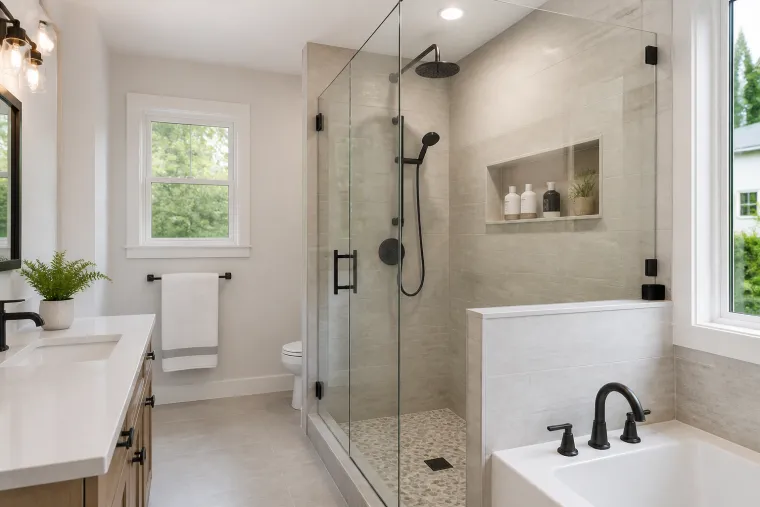 Modern remodeled bathroom wet space with tile and glass shower