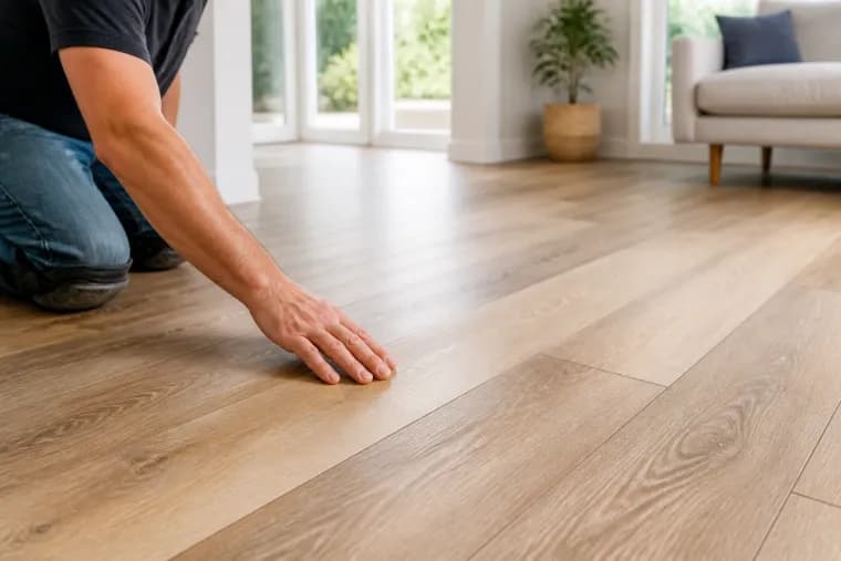 New plank flooring being inspected in a bright living space