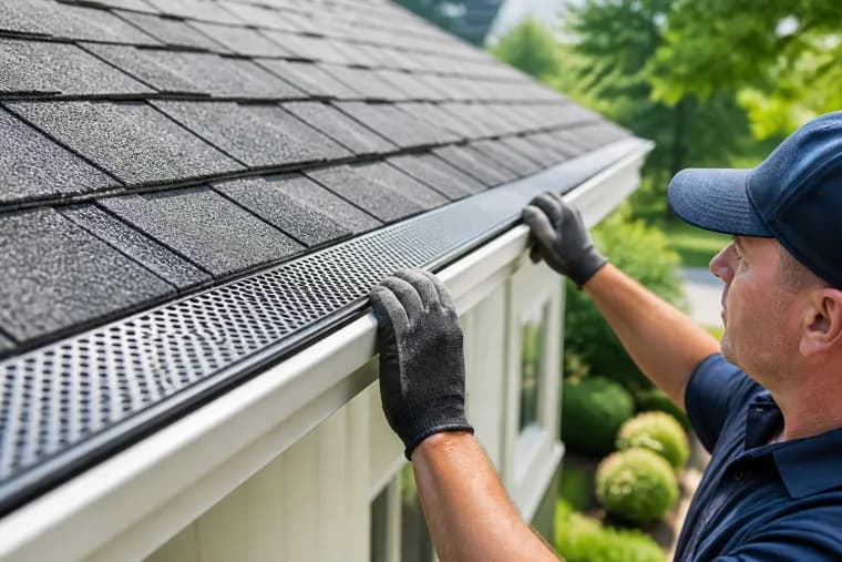 Gutter guard installation on a clean residential roofline