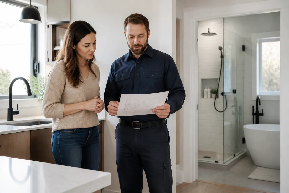 Home services technician reviewing a home improvement plan in a bright bathroom and kitchen interior